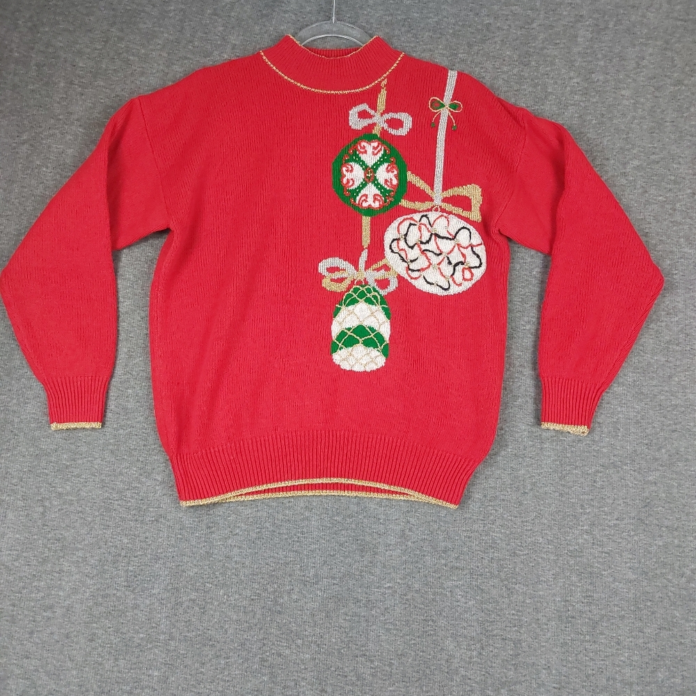 Red Holiday Sweater with Ornament Design